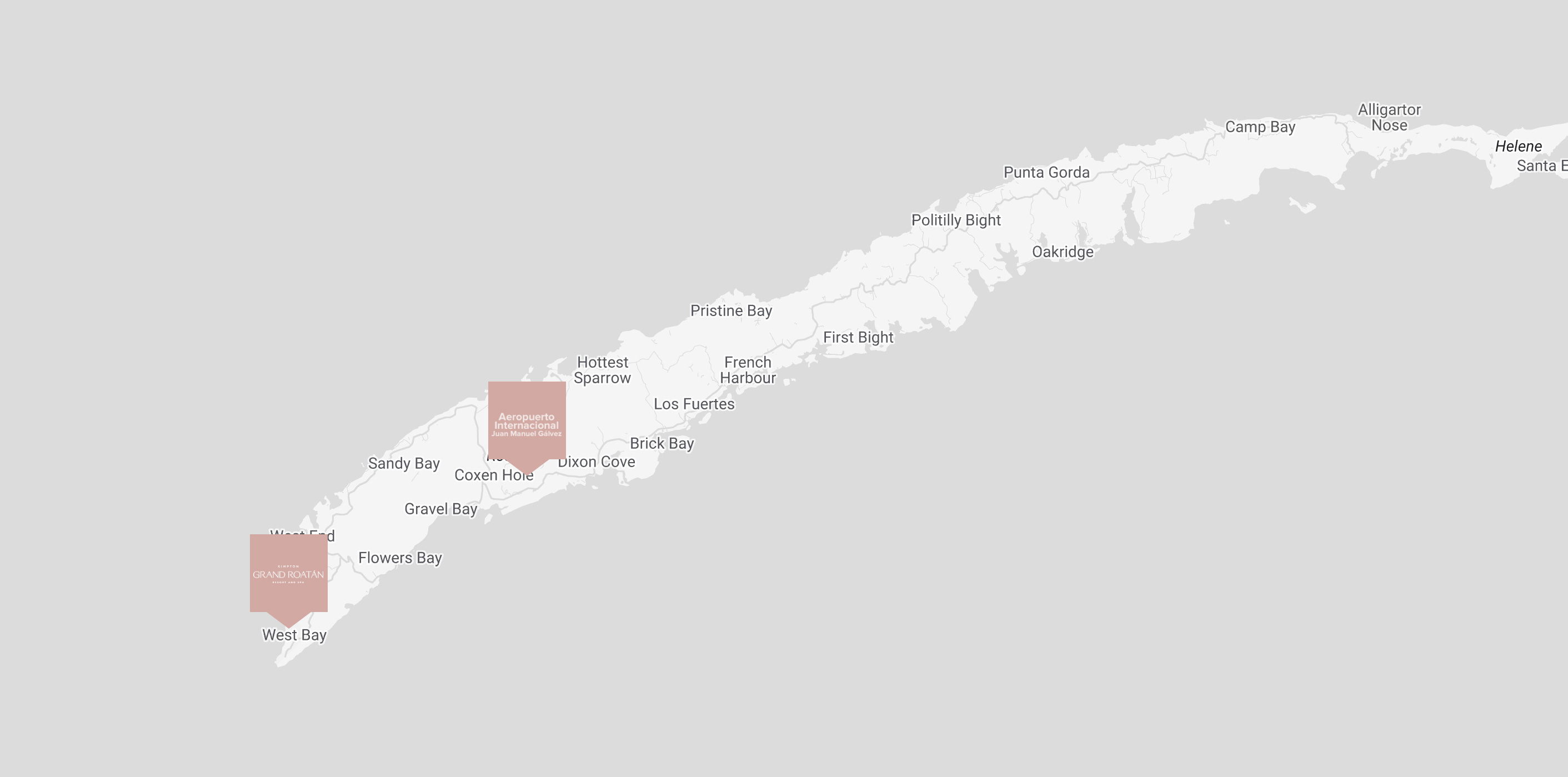 Map Image with pin locations of Grand Roatan and Juan Manuel Galvez International Airport
